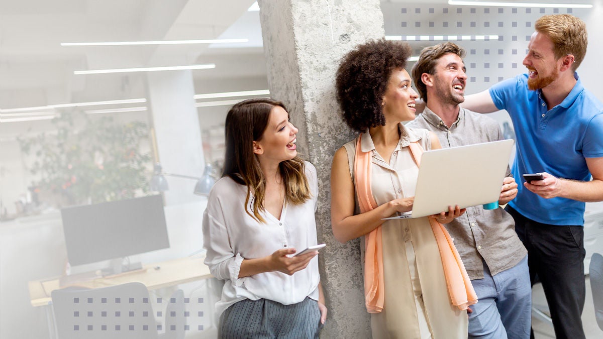 happy workers with devices