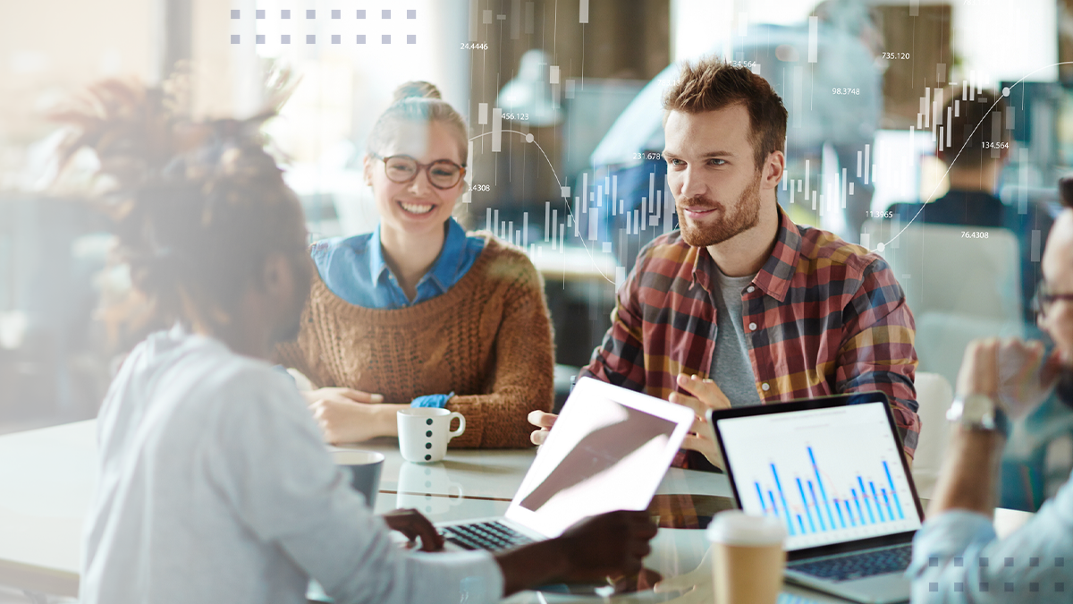 business people discussing progress using statistical data in the office