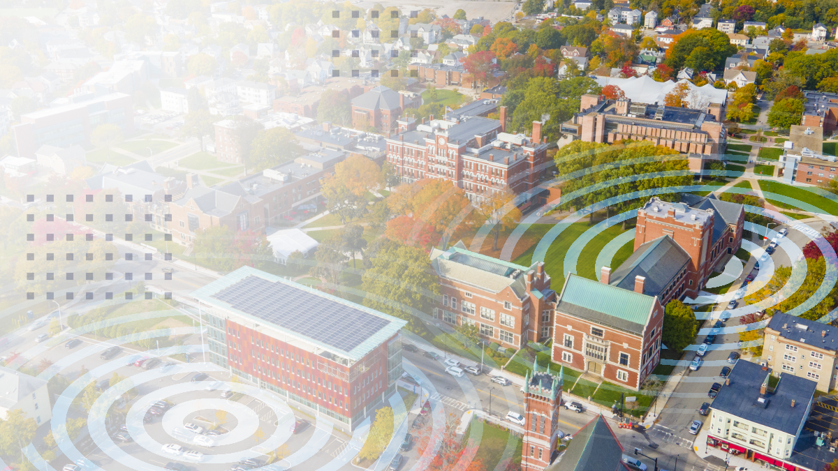 Aerial view of residential neighborhood with wifi signal concept