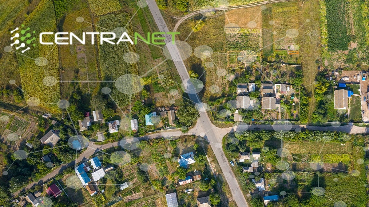 Aerial view of neighborhood with Centranet logo