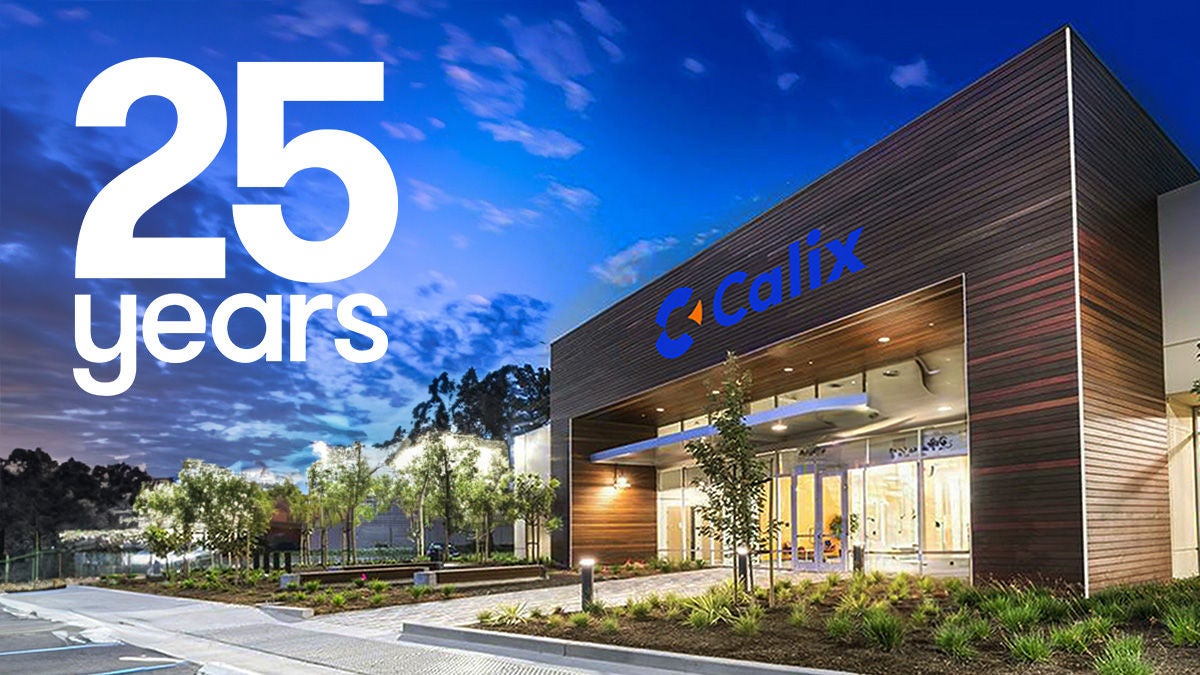 Calix Headquarters in San Jose, California with "25 years" over it